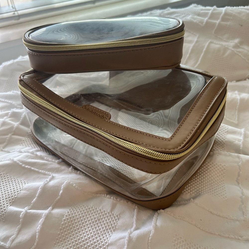 Clear Travel Cosmetic Bags with Tan Trim